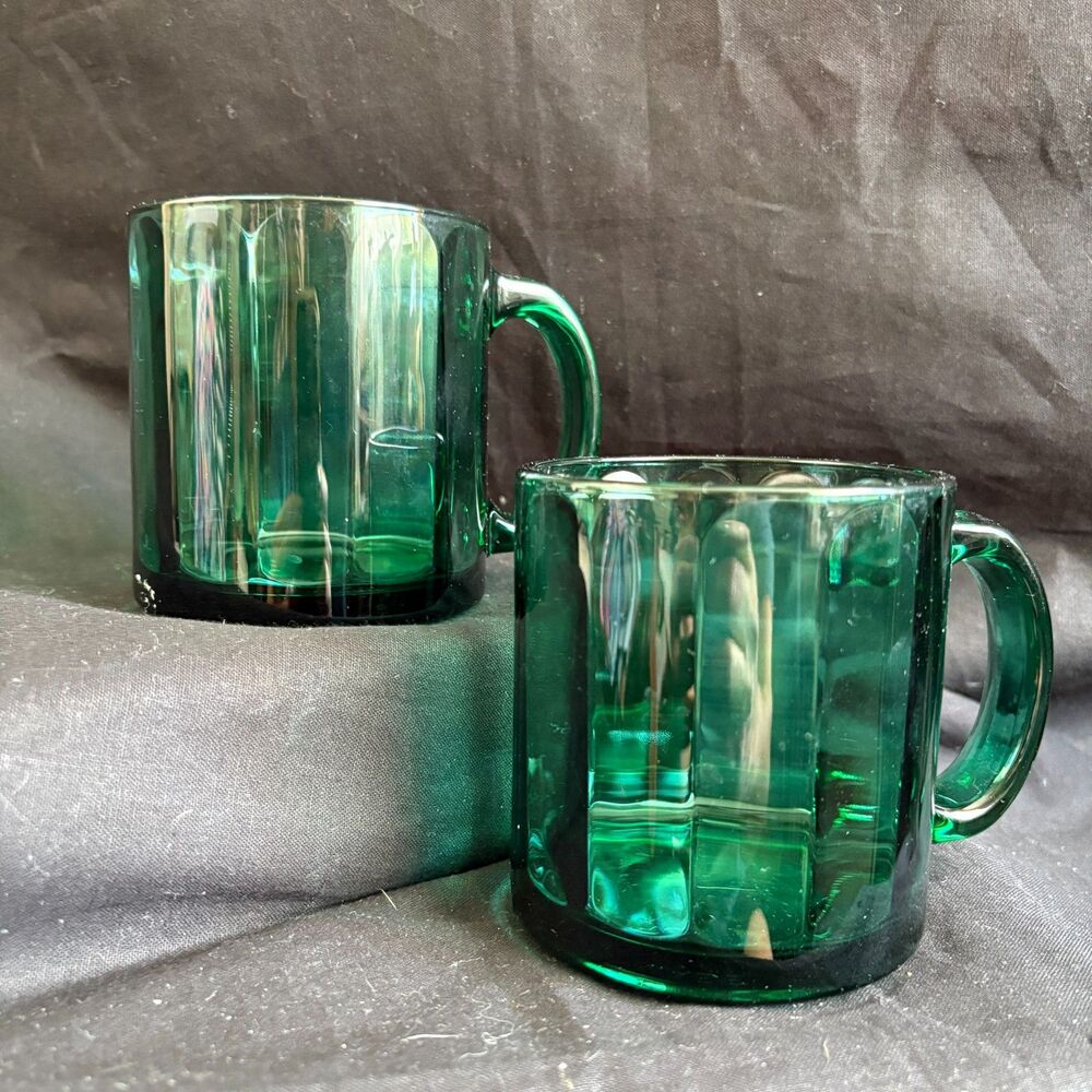 Vintage Emerald Green Glass Mugs Set of 2 Made in USA Paneled Coffee Cups